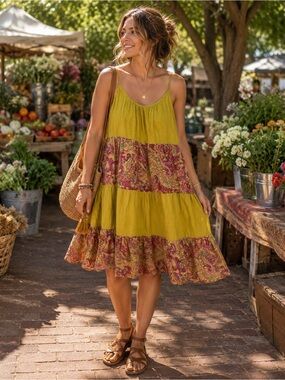 Boho Cotton Tiered Sundress Women’s Approx M Chartreuse Paisley Made Thailand